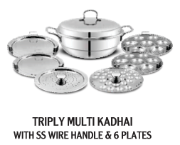 TRIPLY MULTI KADHAI WITH SS WIRE HANDLE & 6 PLATES - RG - TPMK24